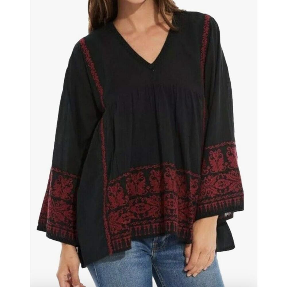 Roller Rabbit Betania Embroidered Top Black Red Women's S